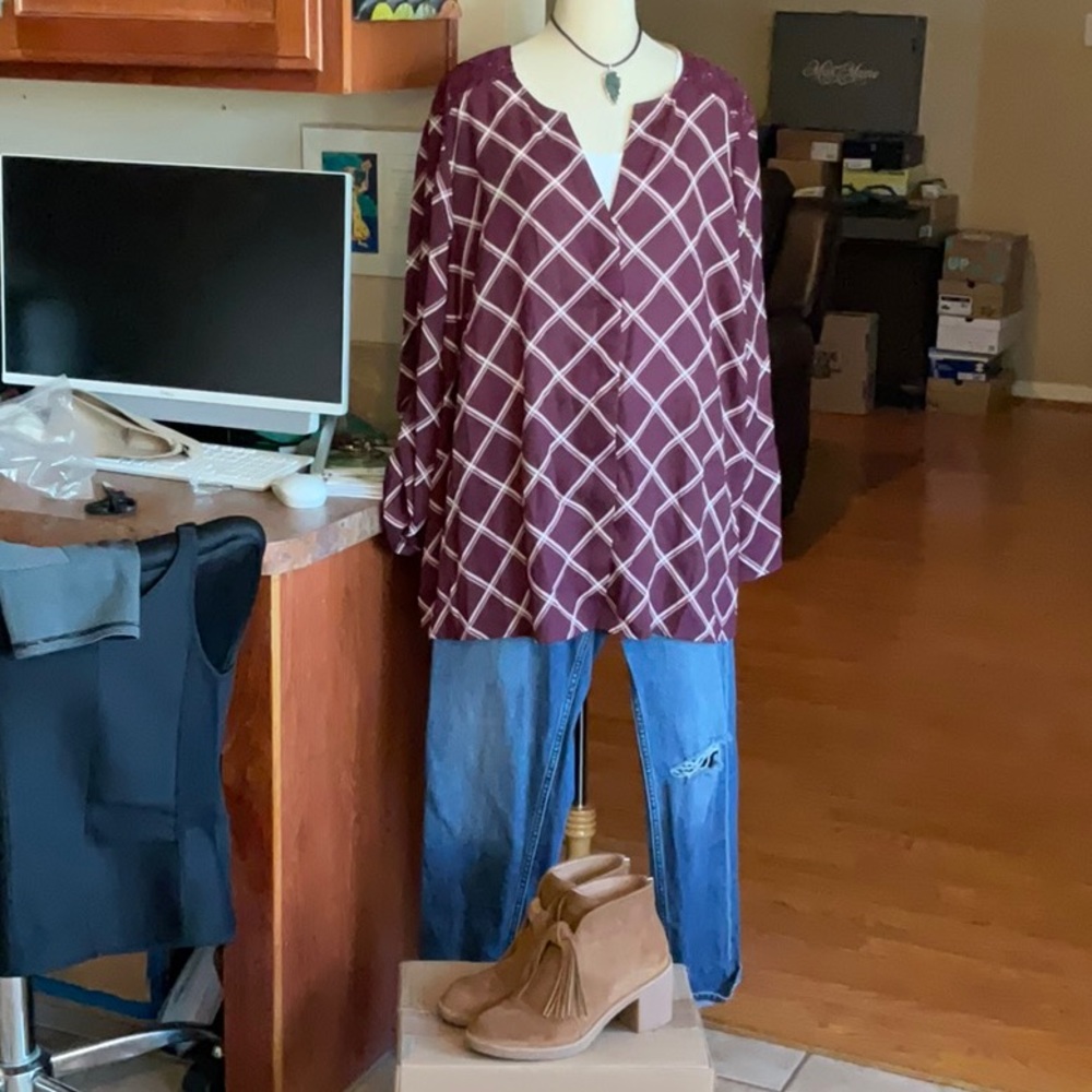 Terra & Sky Burgundy Plaid with Lace Button Down Blouse Size 2X, NWT - Picture 2 of 15